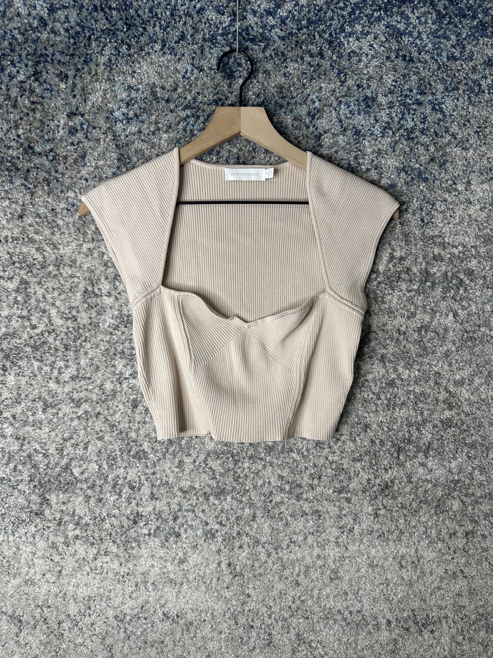 Jonathan Simkhai Sweater Womens Medium Beige Ribbed Knit Cap Sleeve Fitted Top